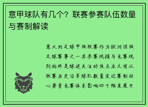 意甲球队有几个？联赛参赛队伍数量与赛制解读
