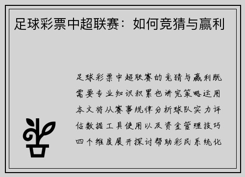 足球彩票中超联赛：如何竞猜与赢利