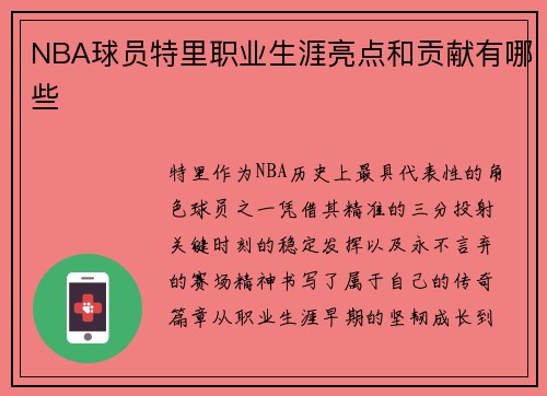 NBA球员特里职业生涯亮点和贡献有哪些