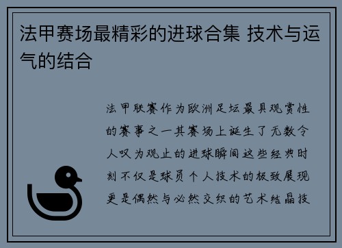法甲赛场最精彩的进球合集 技术与运气的结合